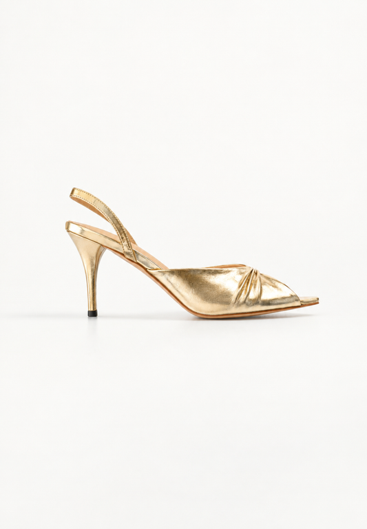 SANDALIA PLIEGUES TACON METALICO GOLD